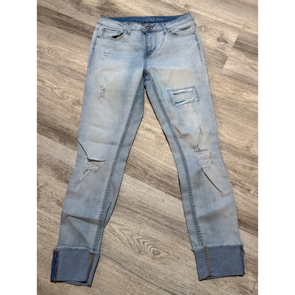 Vanilla Star Womens Mid Rise Skinny Jeans Light Wash Distressed Cuffed Size 5‎